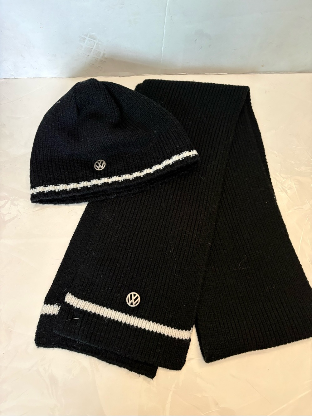 VW Black and White Knit Scarf and beanie hat set